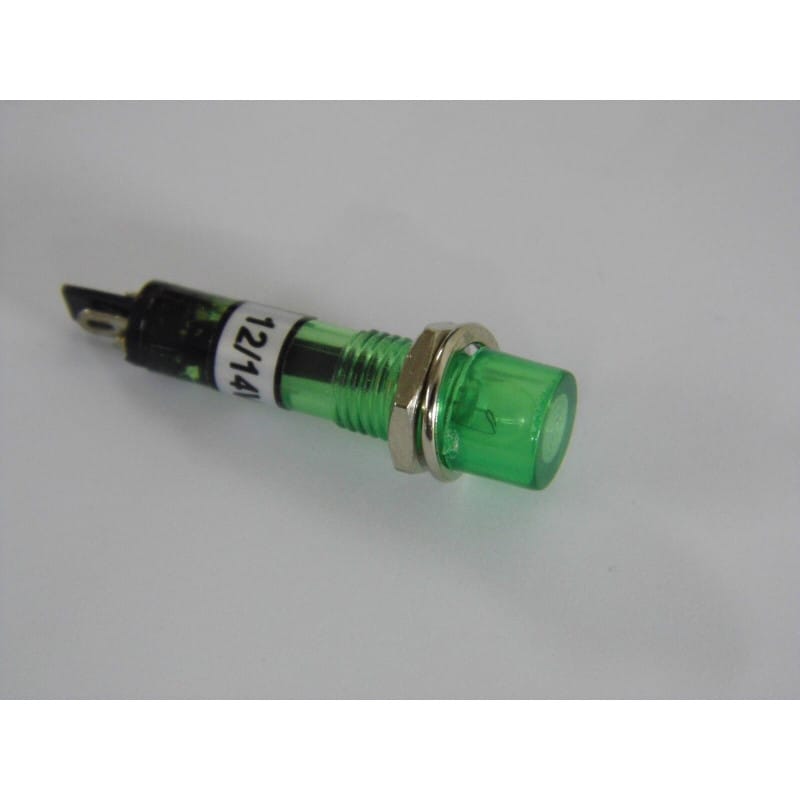 Lot x4: voyant rond vert 12V-14V,long. 34mm,sortie cosses à souder Perçage 7 mm