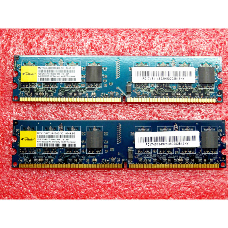 Lot de 2 barettes de 1Go de RAM DDR2 elixir M2Y1G64TU8HB4B-3C 0748.SG 1GB 2Rx8 PC2-5300U-555-12-E1.667 MJ07B3000D.XX