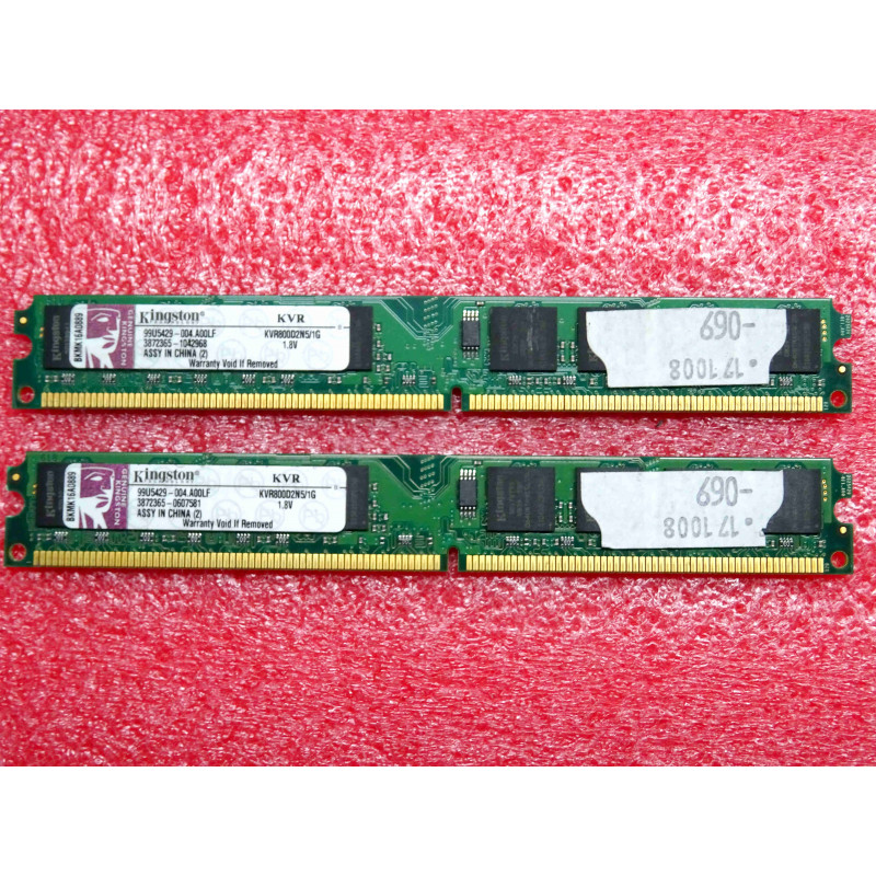 Lot de 2 barettes de 1Go de RAM DDR2 kingston KVR800D2N5/1G 99U5429-004.A00LF 1GB 128x64-bit DDR2-800 CL5