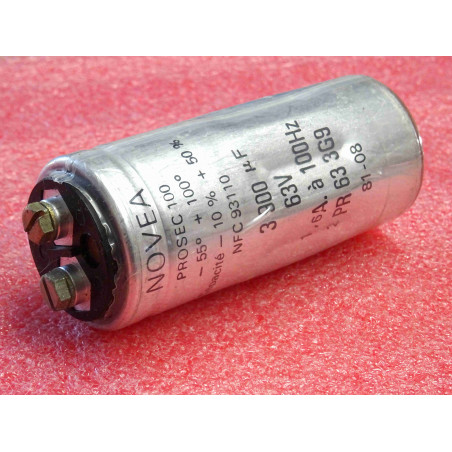 Lot de 2: condensateur Novea Prosec100 3900uF 3900µF 63V ~ 100°C , -10% +50% , NFC93110 , 1.6A à 100Hz ~ Ø35x83mm