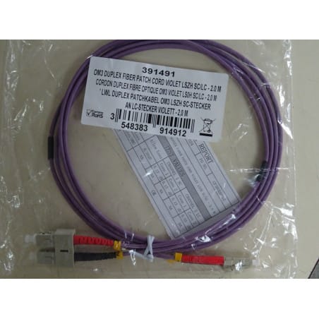 Cordon Câble Duplex Fibre Optique OM3 50/125 Violet LSZH SC/LC - 2 mètres