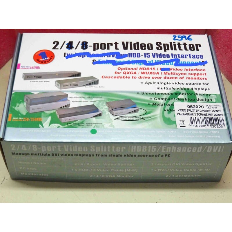 2-port video splitter HDB15 pour câblage jusqu'à 65 mètres ~ affichage VGA SVGA