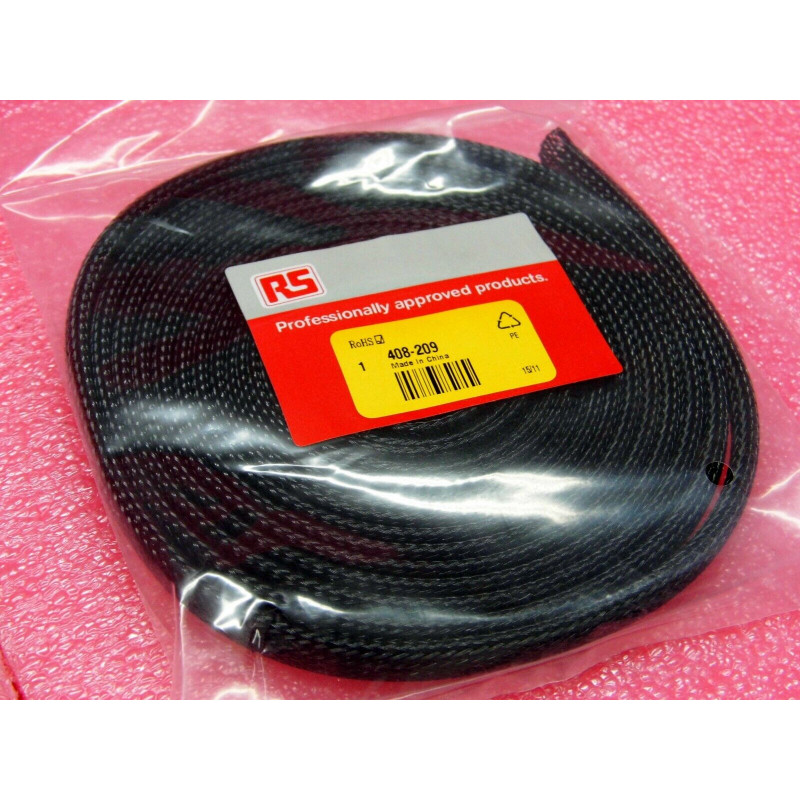 Lot x2: Gaine Tressée 10mm RS PRO 408-209, Noir en PET, 5m 5 mètres